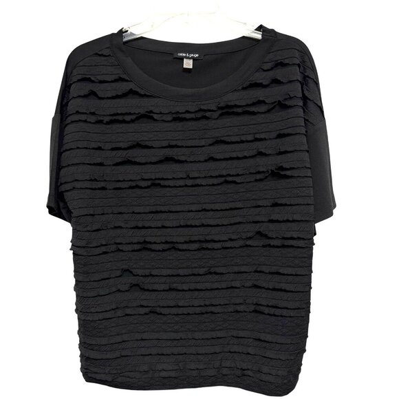 Cable & Gauge Size Large Black Stretchy Short Sleeve Top Mini Tier Ruffles - Picture 1 of 4